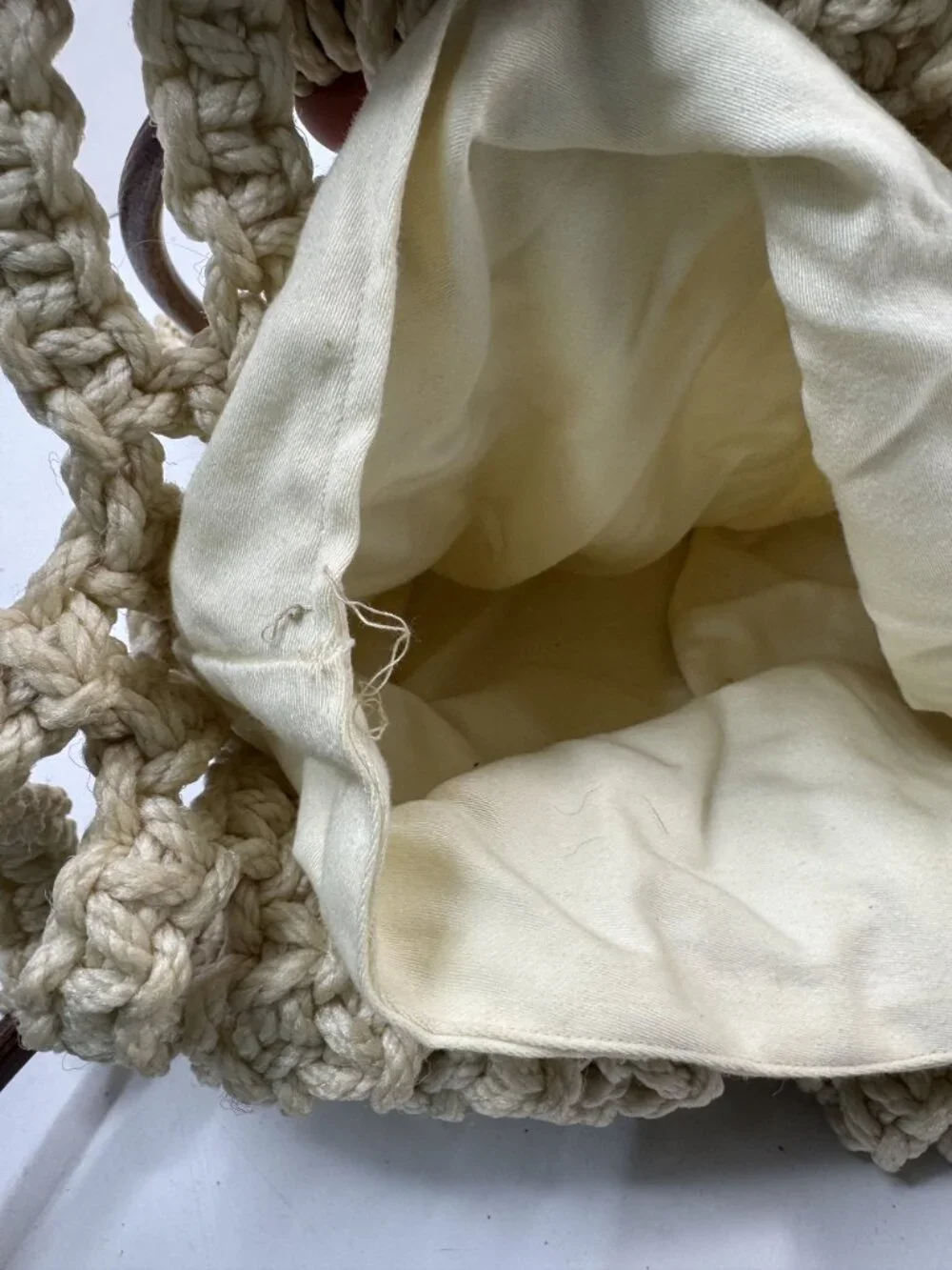 Handmade Macrame Crochet Bag With Wooden Handles Cream Open Weave Design Lined I